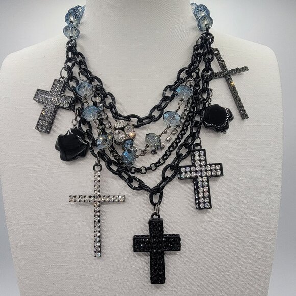 Statement Gothic Inspired Multi Rhinestone Cross Necklace - Picture 1 of 10